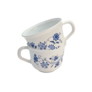 2 Vintage Arcopal France Coffee Mug Tea Cups Blue Onion Pattern Milk Glass